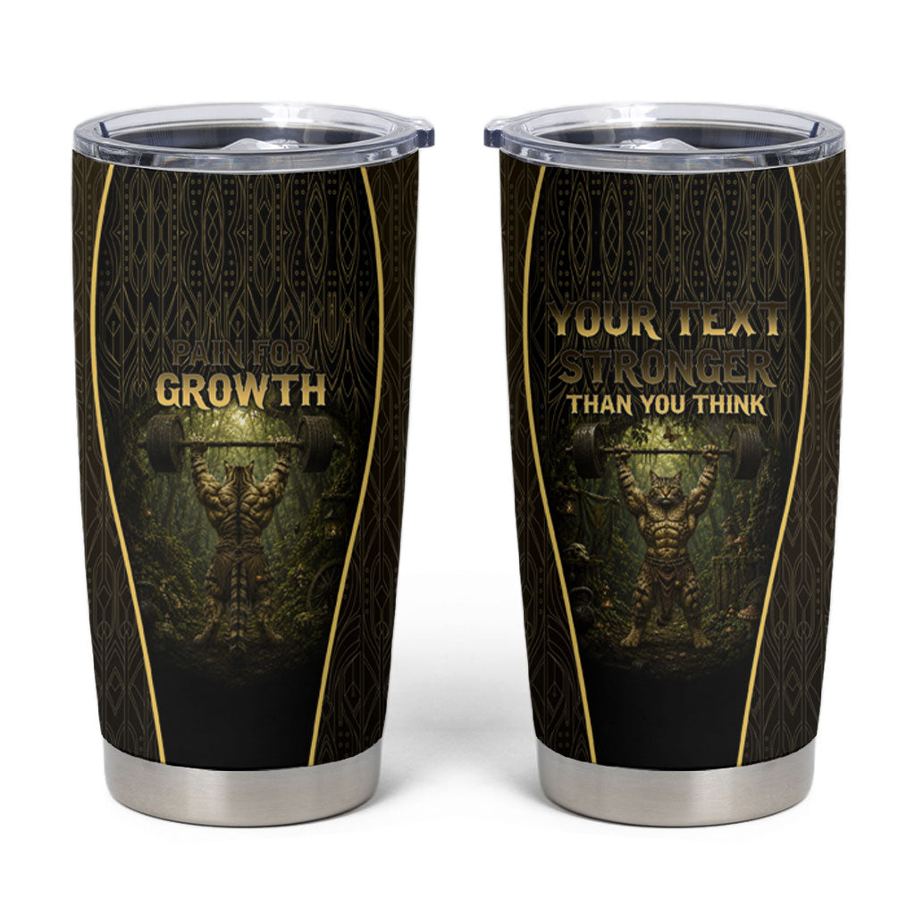 Personalized Muscular Cat Weightlifting Tumbler Cup Pain For Growth Dark Fantasy Gym Graphic