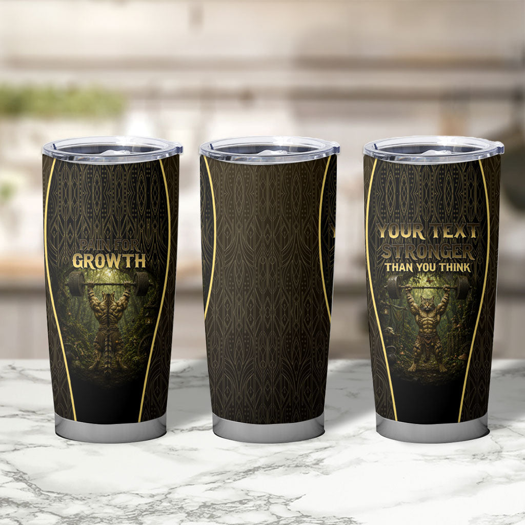 Personalized Muscular Cat Weightlifting Tumbler Cup Pain For Growth Dark Fantasy Gym Graphic