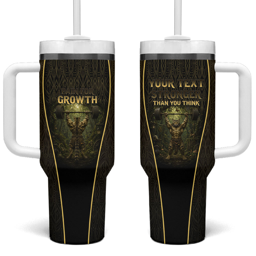 Personalized Muscular Cat Weightlifting Tumbler With Handle Pain For Growth Dark Fantasy Gym Graphic