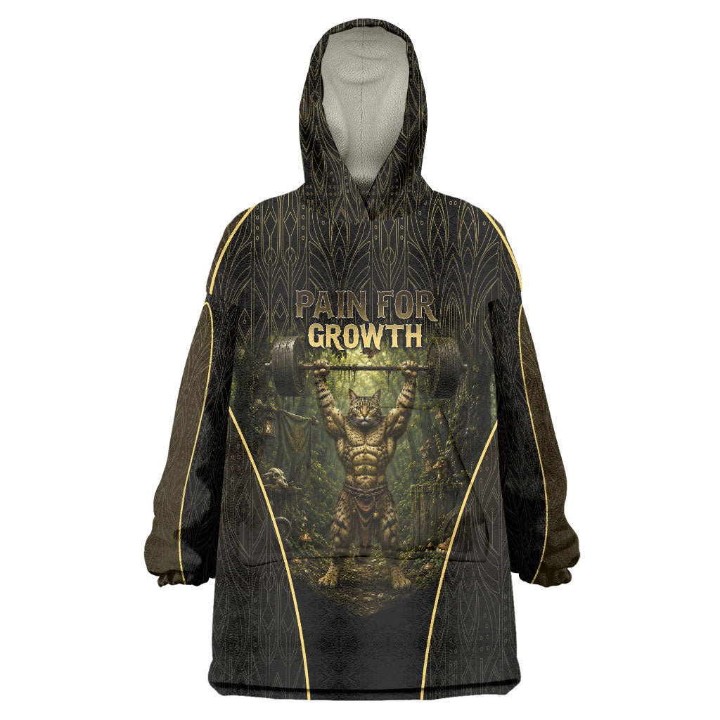 Personalized Muscular Cat Weightlifting Wearable Blanket Hoodie Pain For Growth Dark Fantasy Gym Graphic