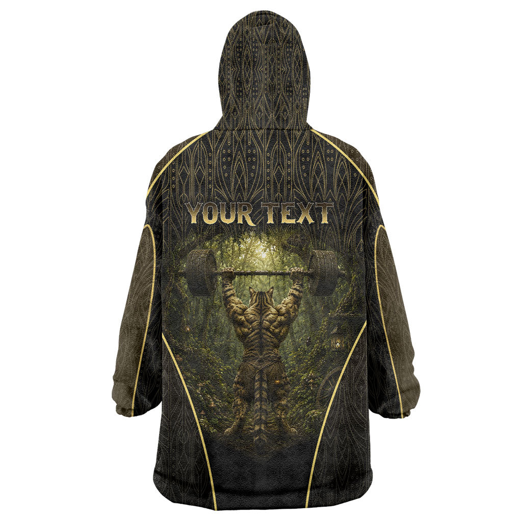 Personalized Muscular Cat Weightlifting Wearable Blanket Hoodie Pain For Growth Dark Fantasy Gym Graphic