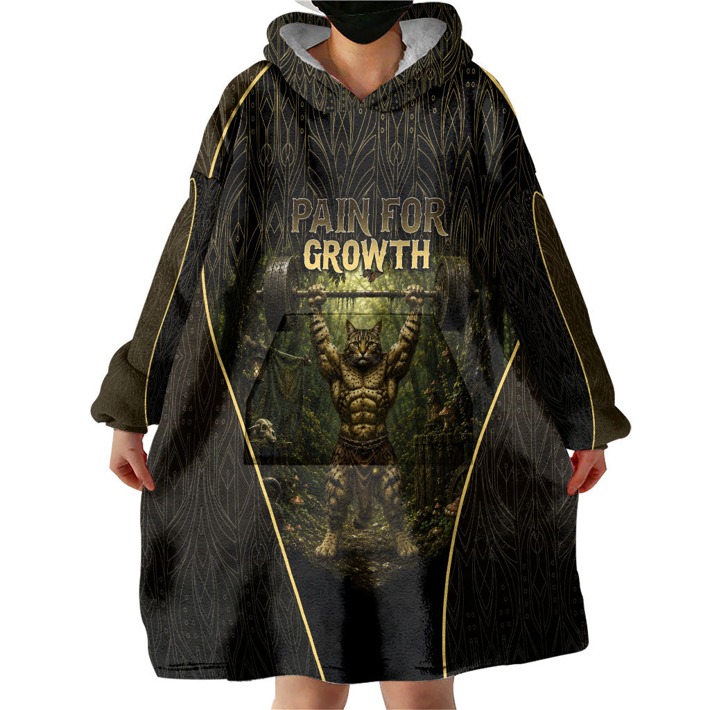 Personalized Muscular Cat Weightlifting Wearable Blanket Hoodie Pain For Growth Dark Fantasy Gym Graphic