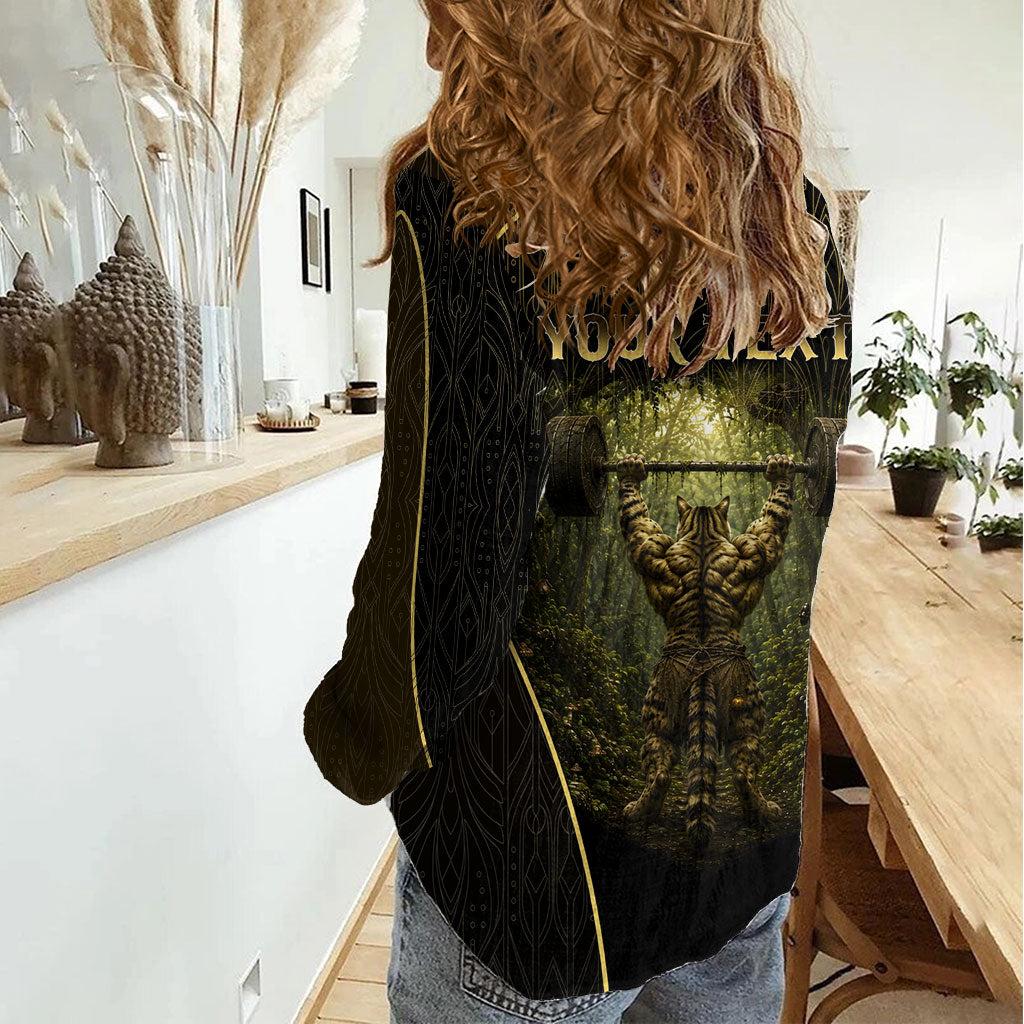 Personalized Muscular Cat Weightlifting Women Casual Shirt Pain For Growth Dark Fantasy Gym Graphic