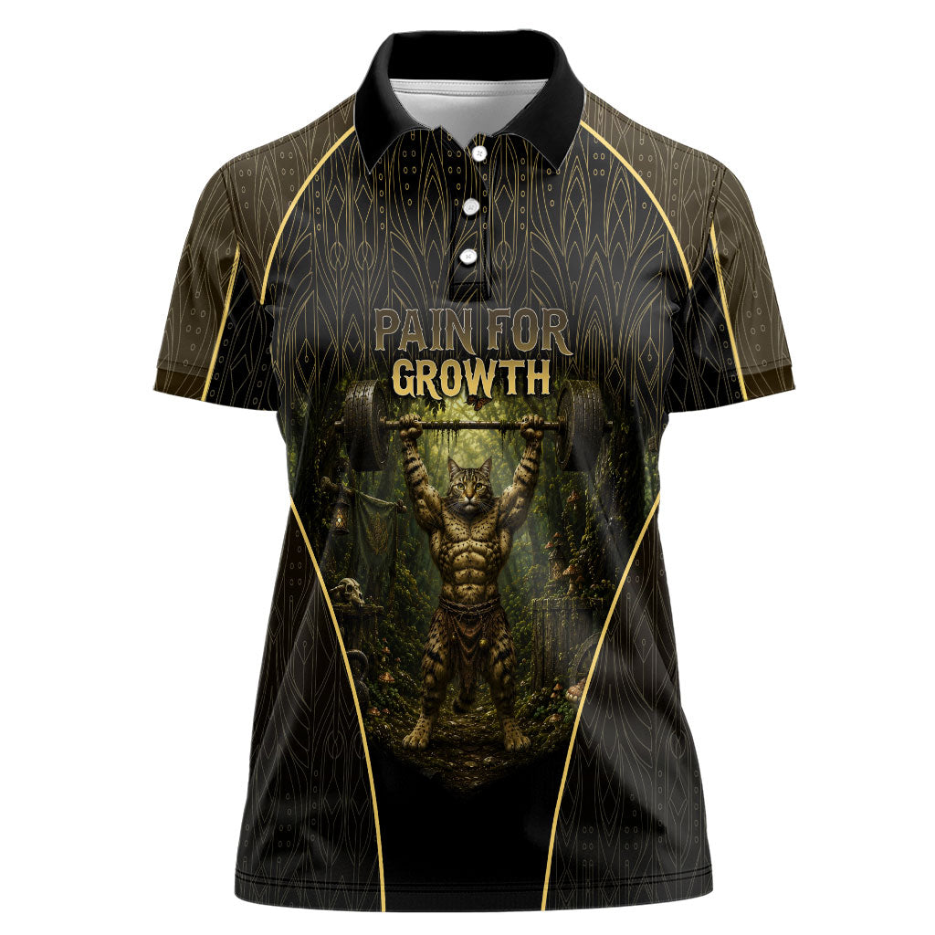 Personalized Muscular Cat Weightlifting Women Polo Shirt Pain For Growth Dark Fantasy Gym Graphic