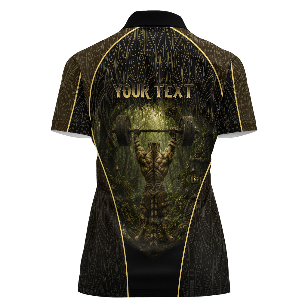 Personalized Muscular Cat Weightlifting Women Polo Shirt Pain For Growth Dark Fantasy Gym Graphic