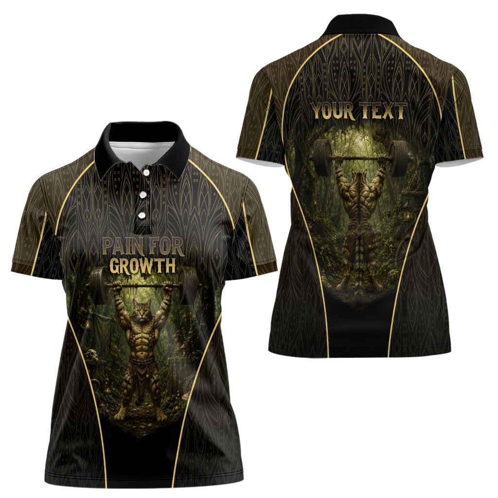 Personalized Muscular Cat Weightlifting Women Polo Shirt Pain For Growth Dark Fantasy Gym Graphic