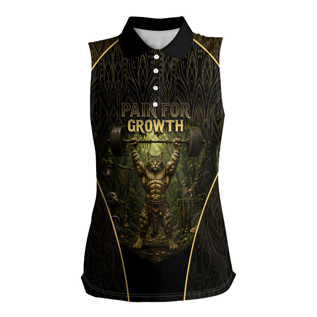 Personalized Muscular Cat Weightlifting Women Sleeveless Polo Shirt Pain For Growth Dark Fantasy Gym Graphic