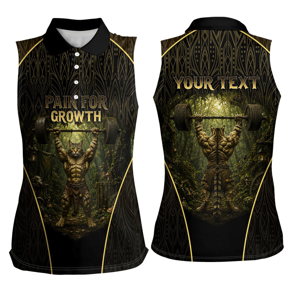 Personalized Muscular Cat Weightlifting Women Sleeveless Polo Shirt Pain For Growth Dark Fantasy Gym Graphic