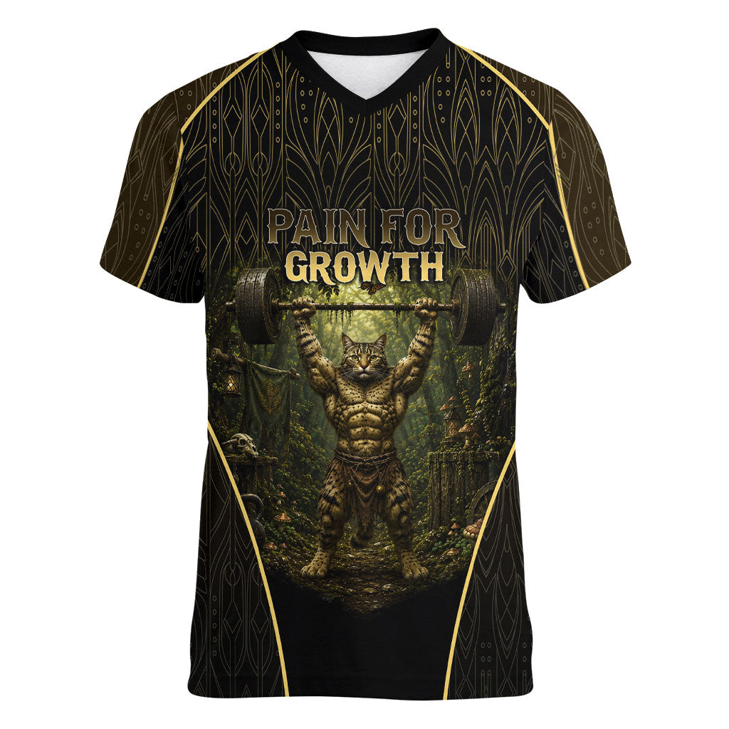 Personalized Muscular Cat Weightlifting Women V-Neck T-Shirt Pain For Growth Dark Fantasy Gym Graphic