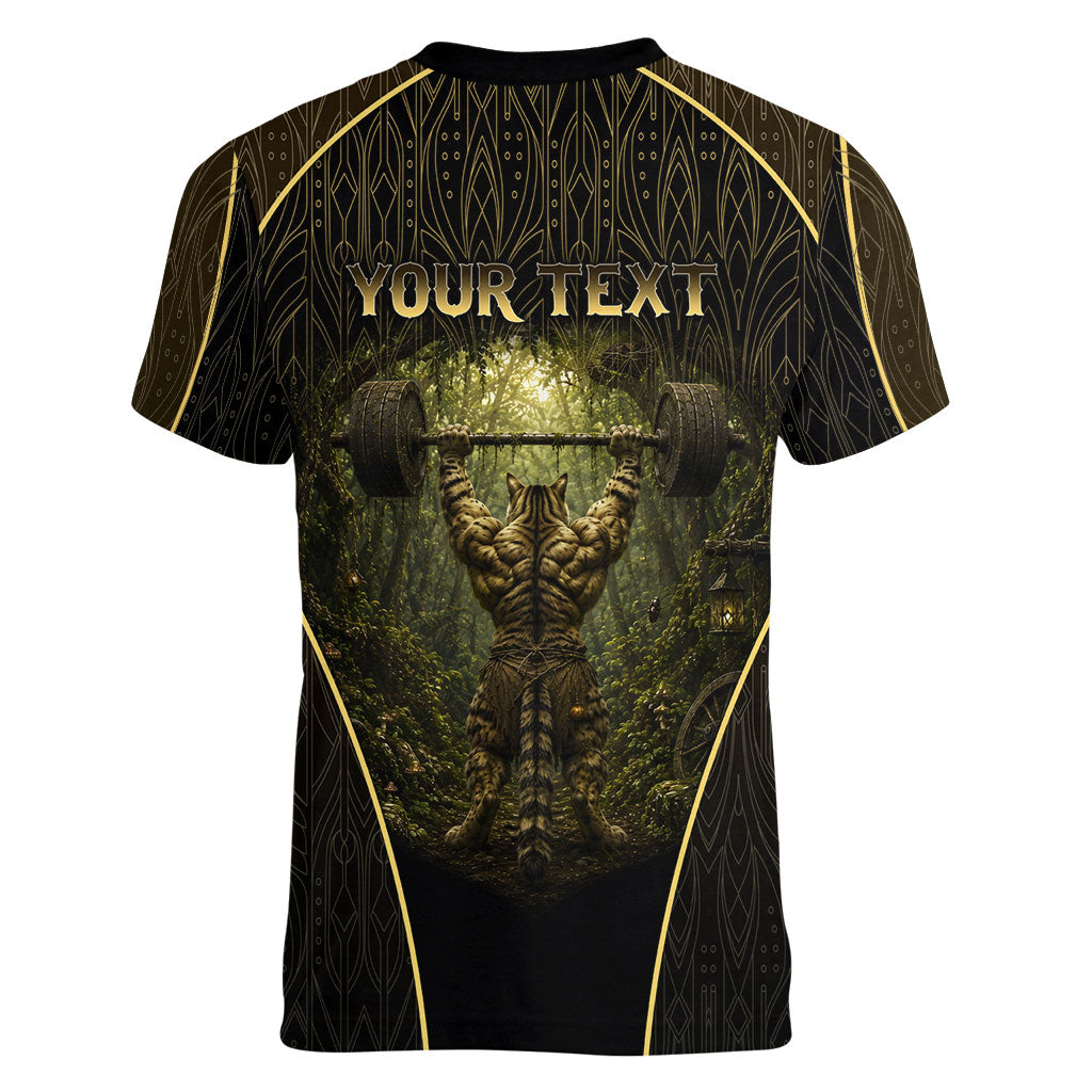Personalized Muscular Cat Weightlifting Women V-Neck T-Shirt Pain For Growth Dark Fantasy Gym Graphic