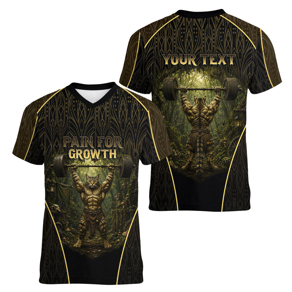 Personalized Muscular Cat Weightlifting Women V-Neck T-Shirt Pain For Growth Dark Fantasy Gym Graphic
