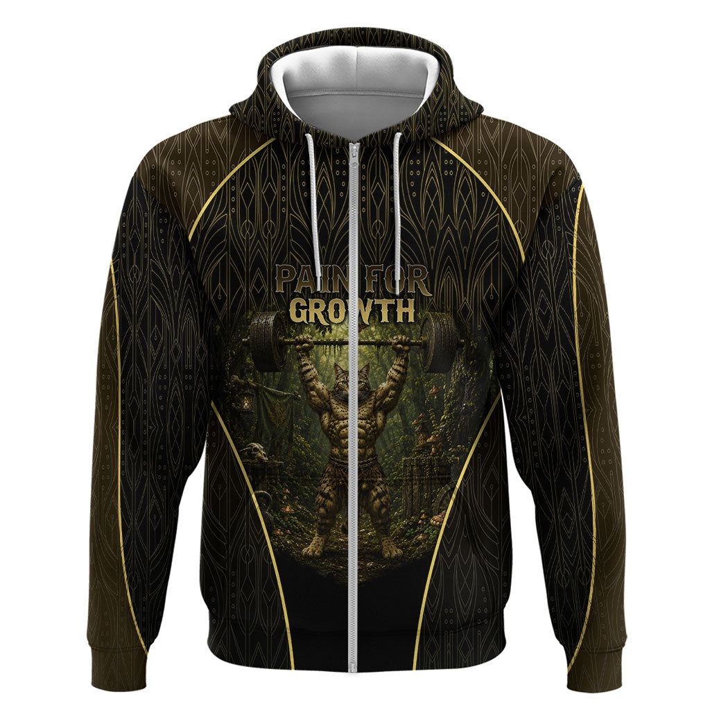 Personalized Muscular Cat Weightlifting Zip Hoodie Pain For Growth Dark Fantasy Gym Graphic