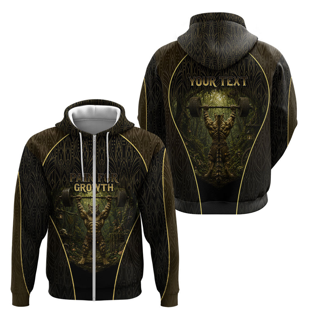 Personalized Muscular Cat Weightlifting Zip Hoodie Pain For Growth Dark Fantasy Gym Graphic