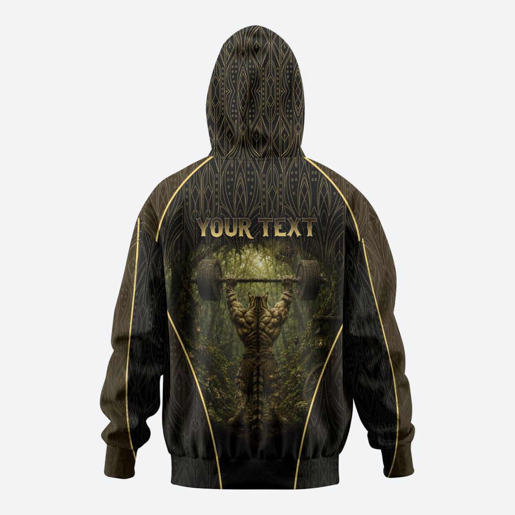 Personalized Muscular Cat Weightlifting Zip Hoodie Pain For Growth Dark Fantasy Gym Graphic