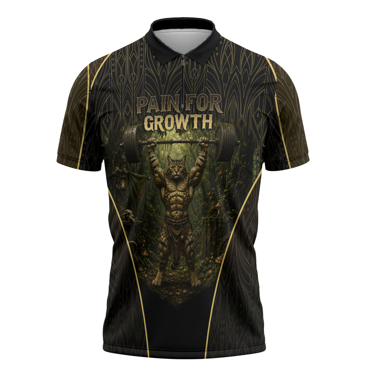 Personalized Muscular Cat Weightlifting Zipper Polo Shirt Pain For Growth Dark Fantasy Gym Graphic