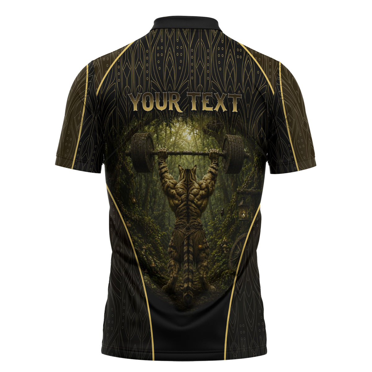 Personalized Muscular Cat Weightlifting Zipper Polo Shirt Pain For Growth Dark Fantasy Gym Graphic