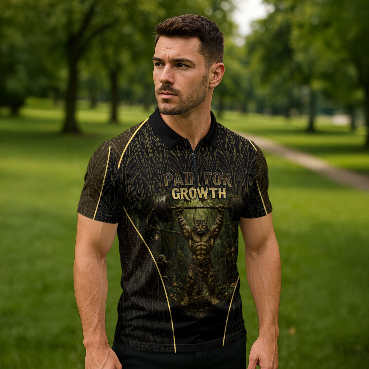 Personalized Muscular Cat Weightlifting Zipper Polo Shirt Pain For Growth Dark Fantasy Gym Graphic