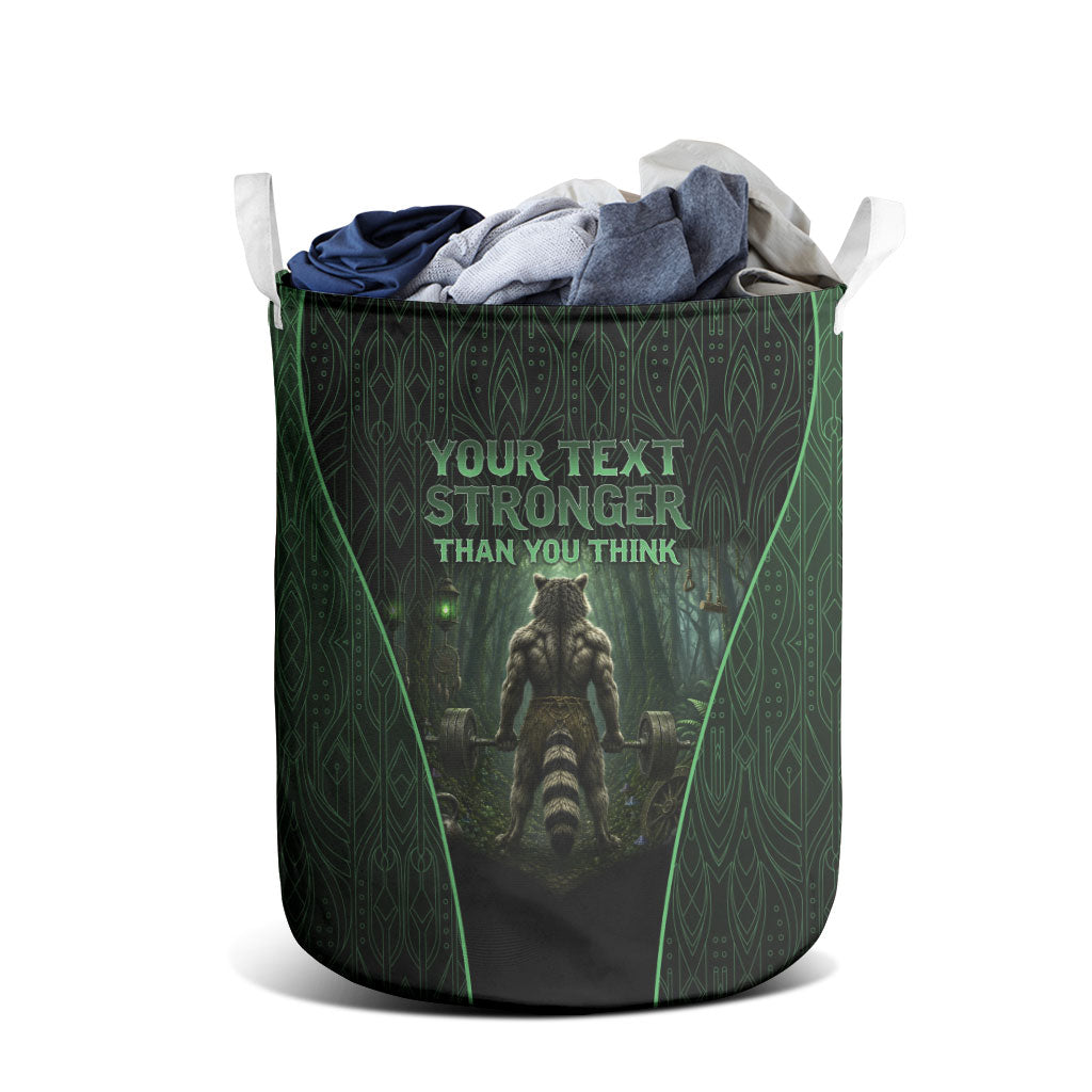 Personalized Muscular Raccoon Weightlifting Laundry Basket Pain For Growth Dark Fantasy Gym Graphic