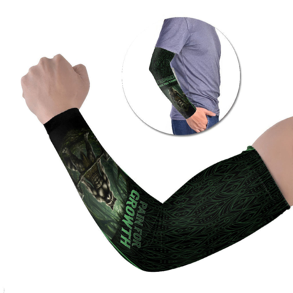 Personalized Muscular Raccoon Weightlifting Arm Sleeves Pain For Growth Dark Fantasy Gym Graphic