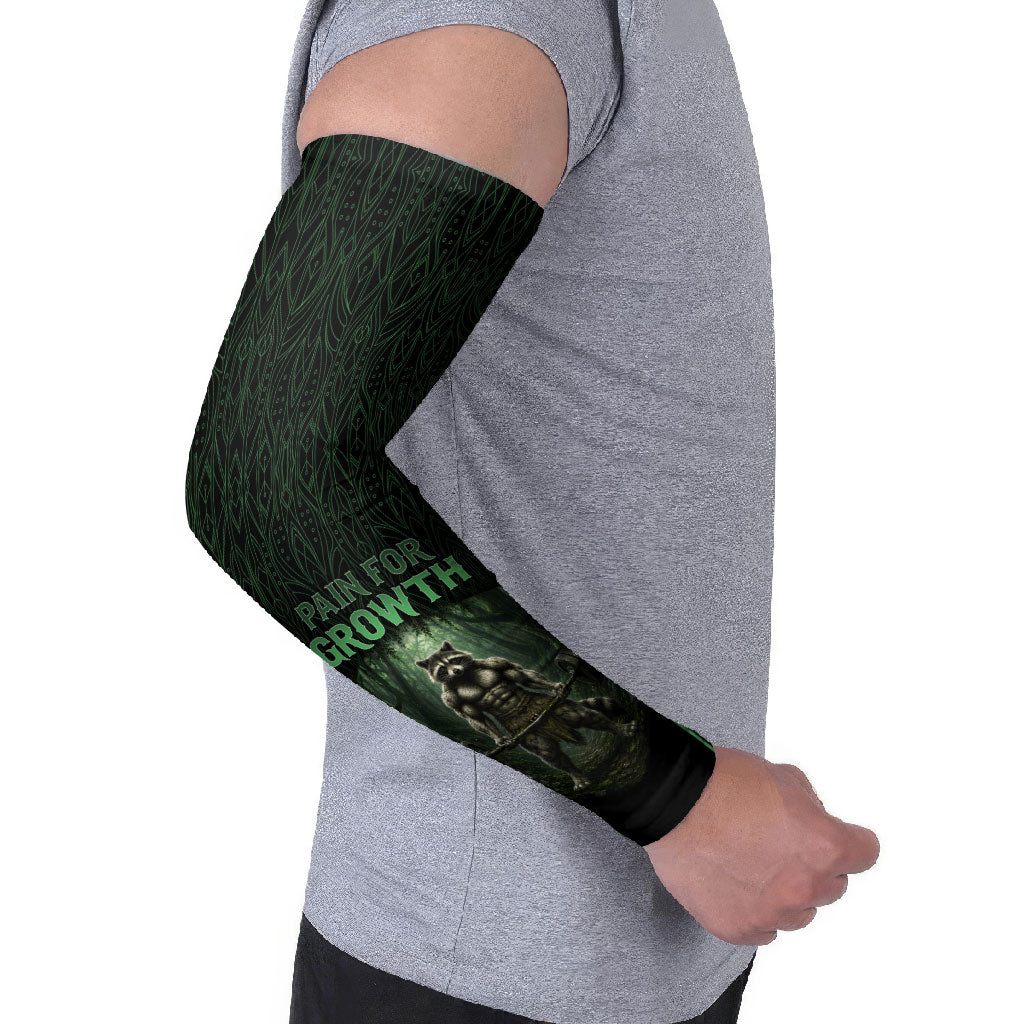 Personalized Muscular Raccoon Weightlifting Arm Sleeves Pain For Growth Dark Fantasy Gym Graphic