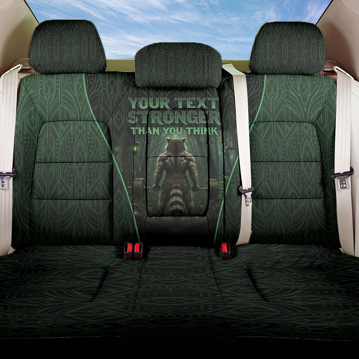 Personalized Muscular Raccoon Weightlifting Back Car Seat Cover Pain For Growth Dark Fantasy Gym Graphic
