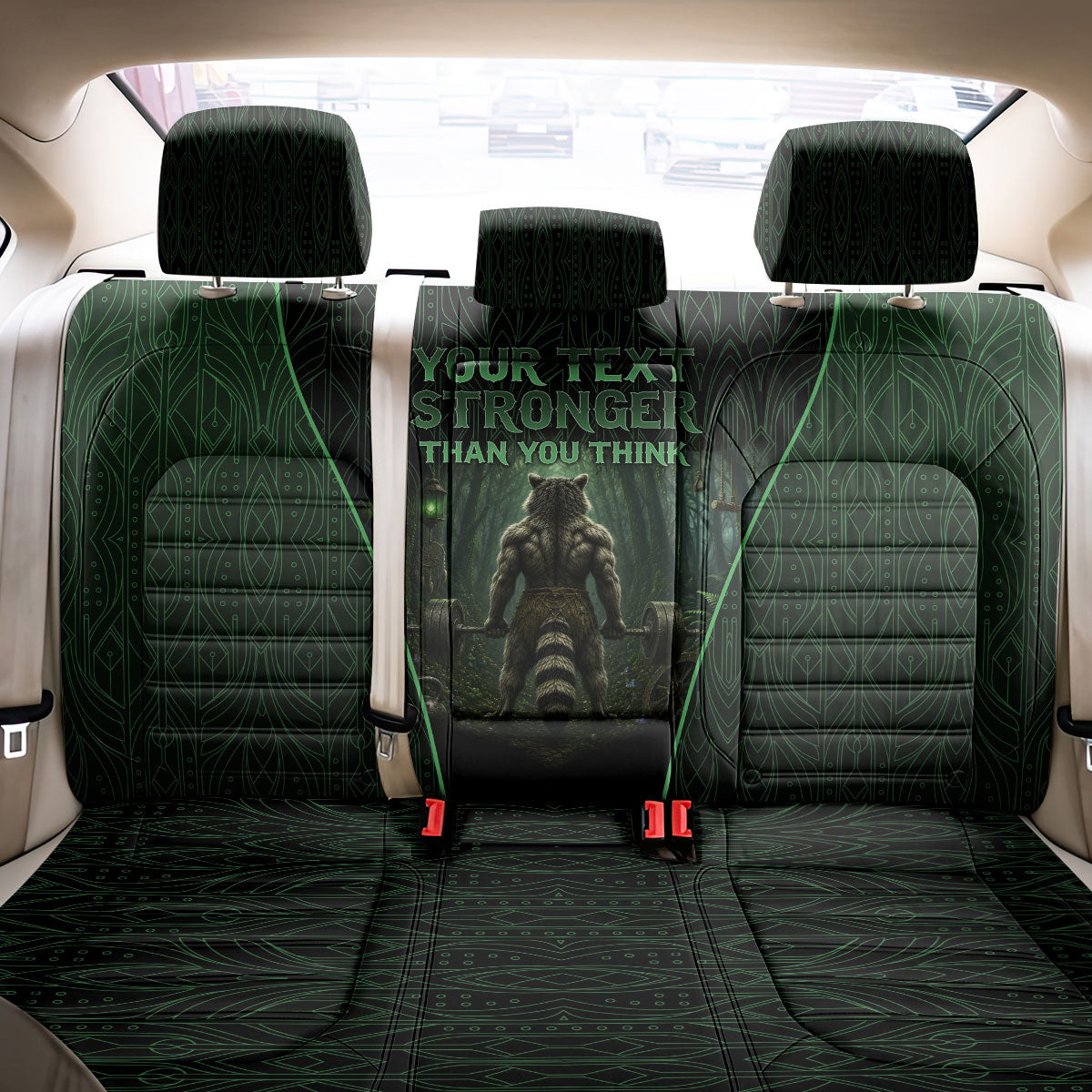 Personalized Muscular Raccoon Weightlifting Back Car Seat Cover Pain For Growth Dark Fantasy Gym Graphic