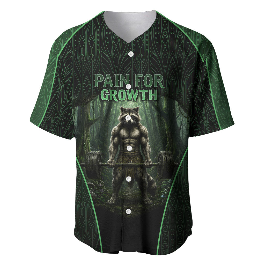 Personalized Muscular Raccoon Weightlifting Baseball Jersey Pain For Growth Dark Fantasy Gym Graphic