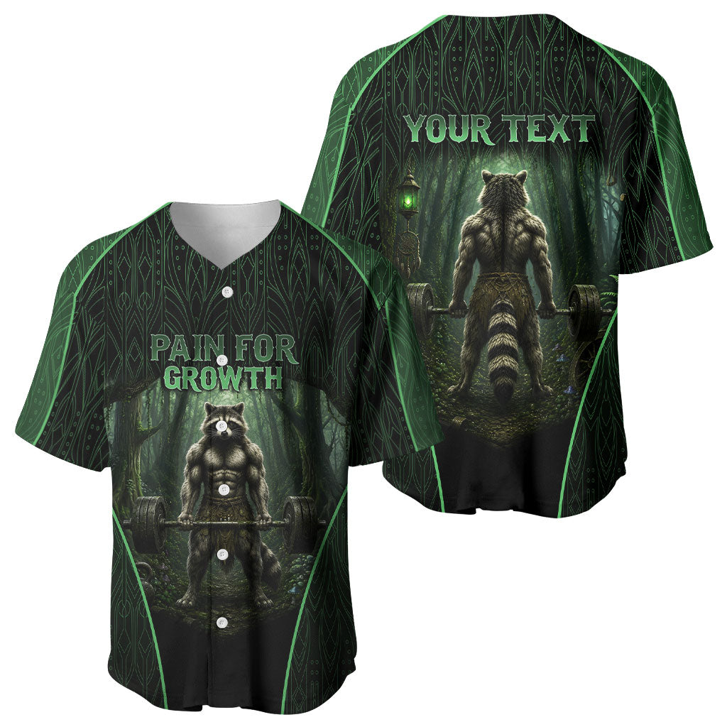 Personalized Muscular Raccoon Weightlifting Baseball Jersey Pain For Growth Dark Fantasy Gym Graphic