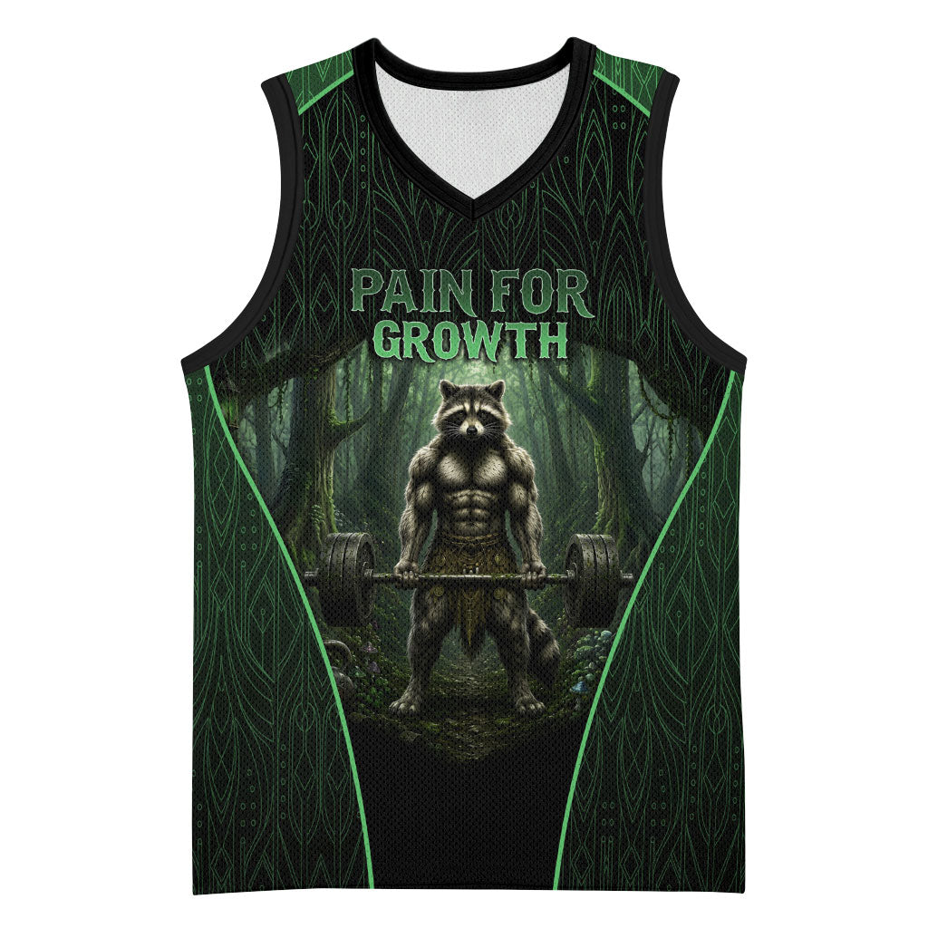 Personalized Muscular Raccoon Weightlifting Basketball Jersey Pain For Growth Dark Fantasy Gym Graphic