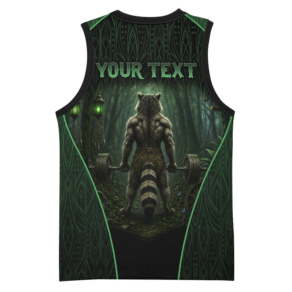 Personalized Muscular Raccoon Weightlifting Basketball Jersey Pain For Growth Dark Fantasy Gym Graphic