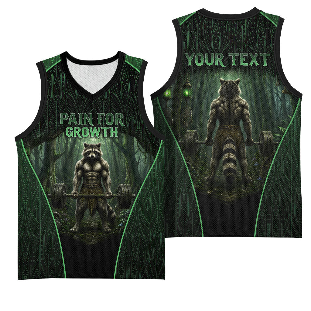 Personalized Muscular Raccoon Weightlifting Basketball Jersey Pain For Growth Dark Fantasy Gym Graphic