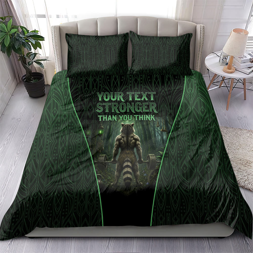 Personalized Muscular Raccoon Weightlifting Bedding Set Pain For Growth Dark Fantasy Gym Graphic