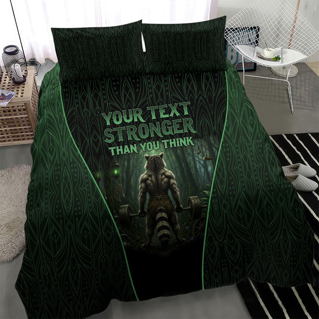 Personalized Muscular Raccoon Weightlifting Bedding Set Pain For Growth Dark Fantasy Gym Graphic
