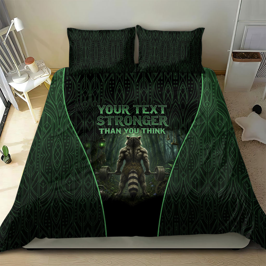 Personalized Muscular Raccoon Weightlifting Bedding Set Pain For Growth Dark Fantasy Gym Graphic