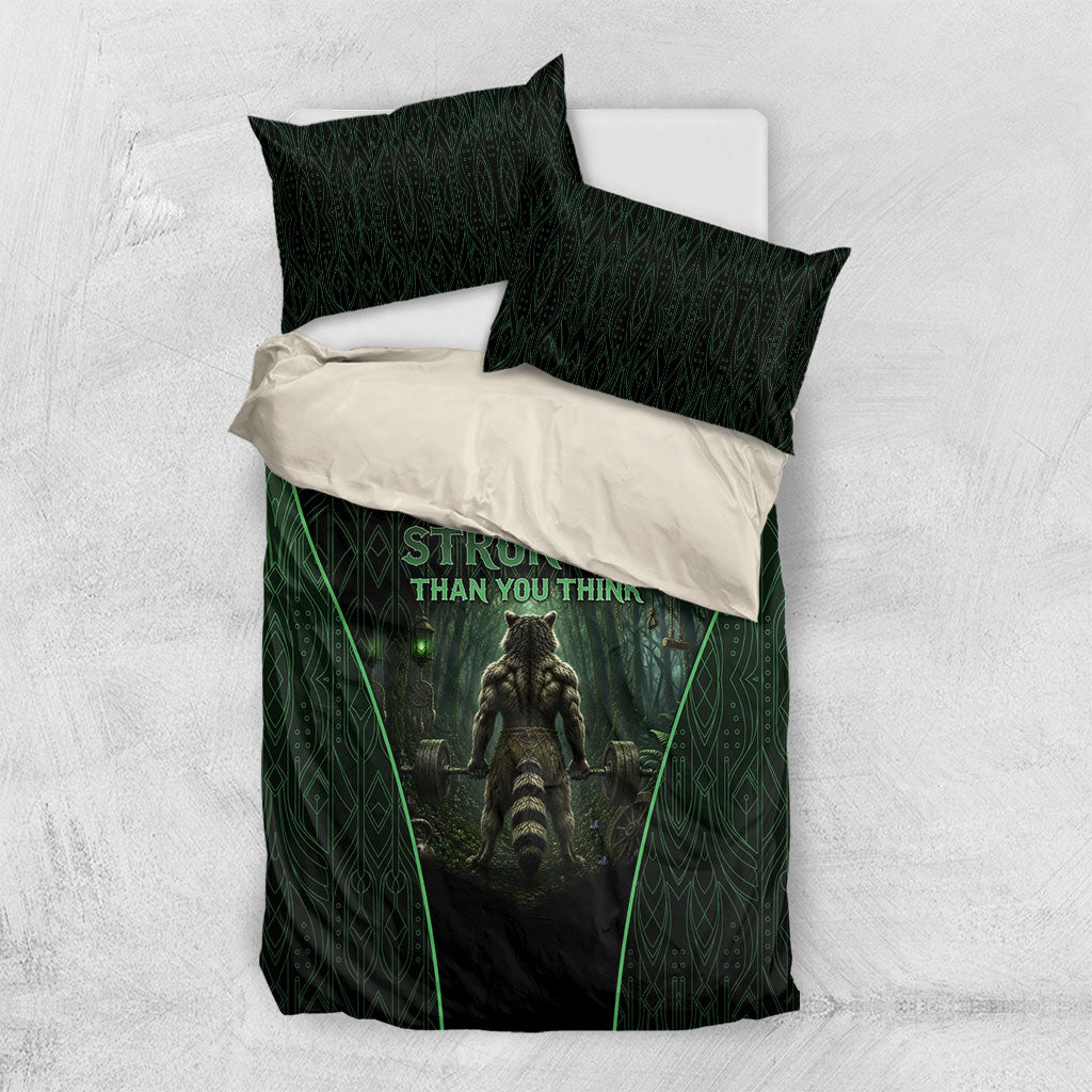 Personalized Muscular Raccoon Weightlifting Bedding Set Pain For Growth Dark Fantasy Gym Graphic