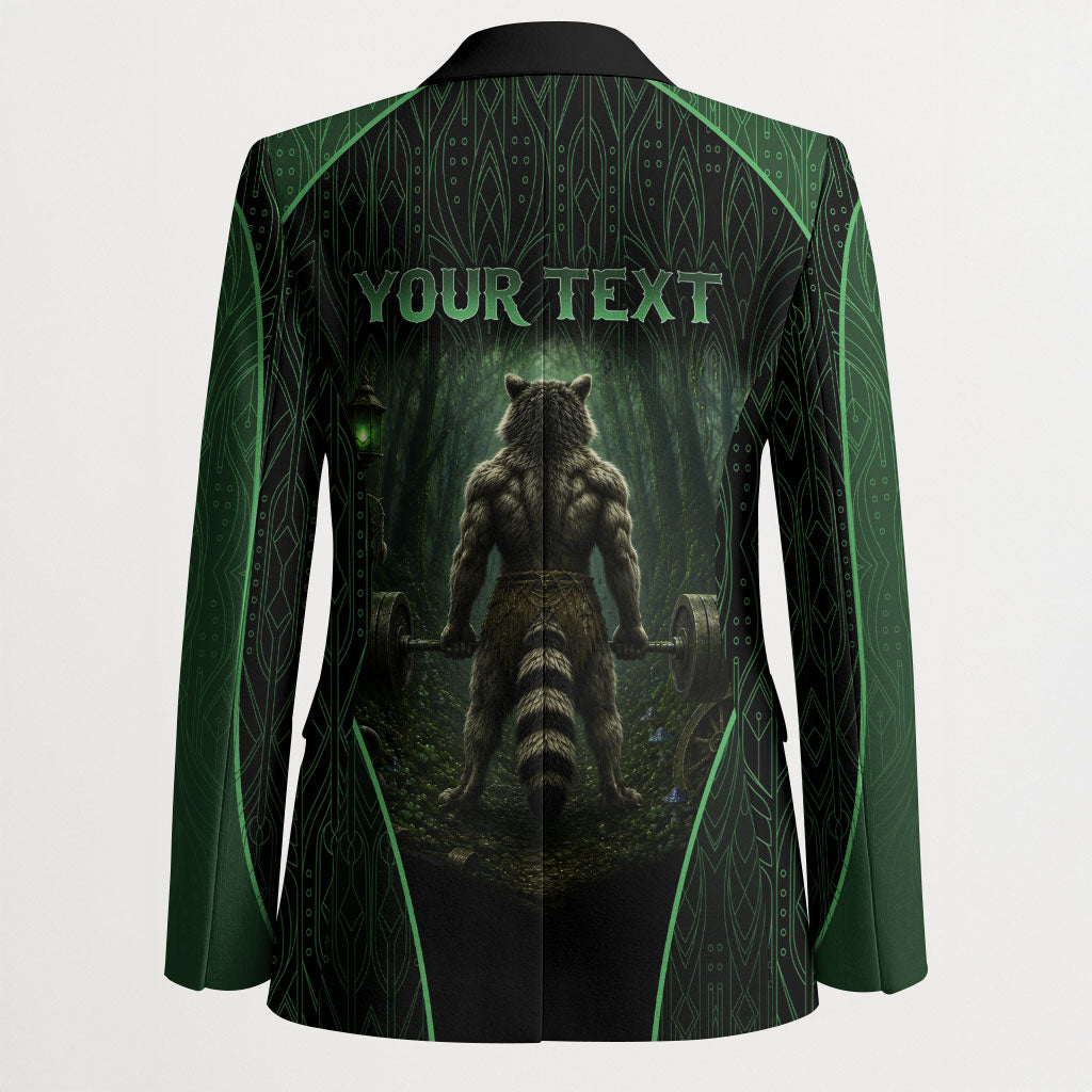Personalized Muscular Raccoon Weightlifting Blazer Pain For Growth Dark Fantasy Gym Graphic