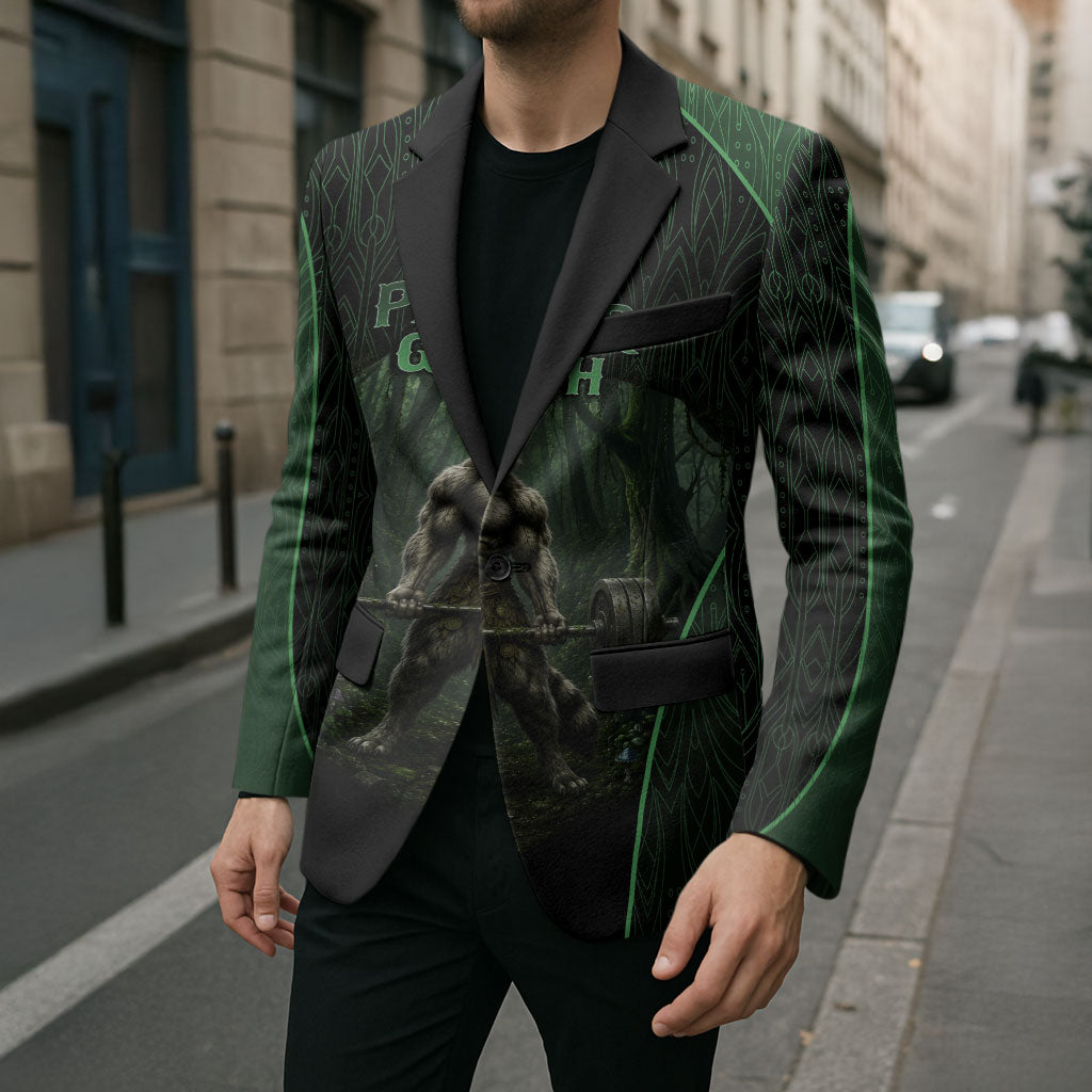 Personalized Muscular Raccoon Weightlifting Blazer Pain For Growth Dark Fantasy Gym Graphic