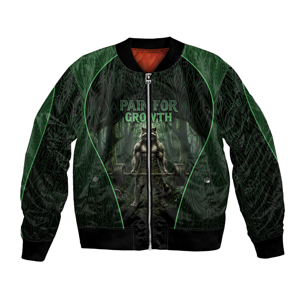 Personalized Muscular Raccoon Weightlifting Bomber Jacket Pain For Growth Dark Fantasy Gym Graphic