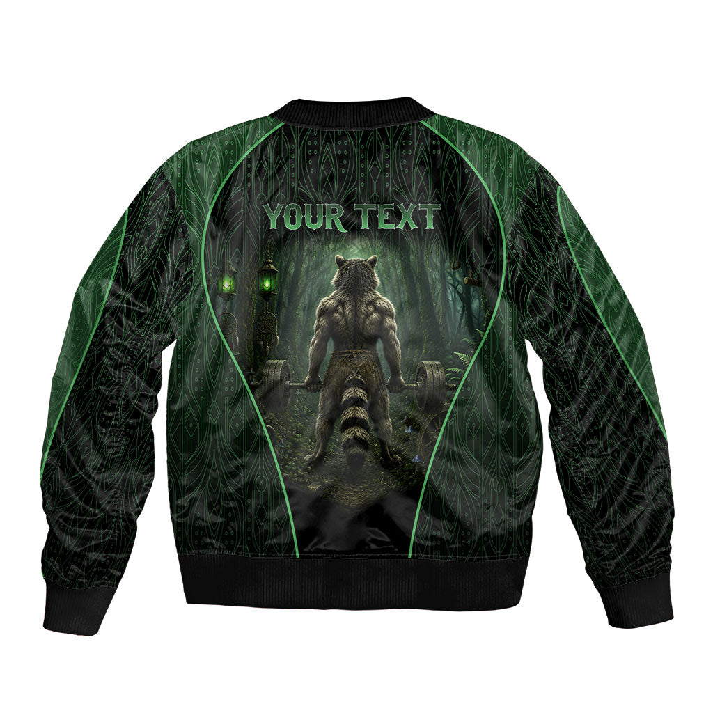 Personalized Muscular Raccoon Weightlifting Bomber Jacket Pain For Growth Dark Fantasy Gym Graphic