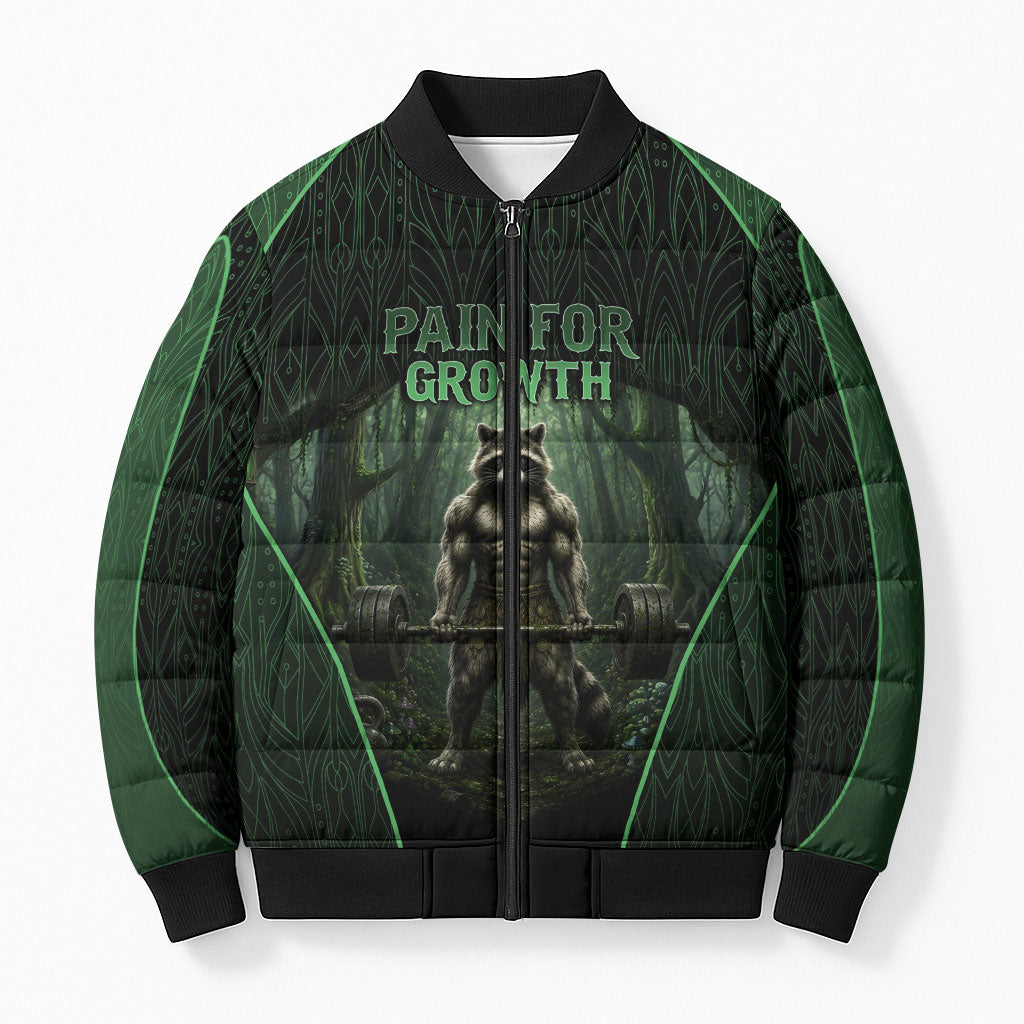 Personalized Muscular Raccoon Weightlifting Bomber Puffer Jacket Pain For Growth Dark Fantasy Gym Graphic