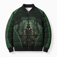 Personalized Muscular Raccoon Weightlifting Bomber Puffer Jacket Pain For Growth Dark Fantasy Gym Graphic