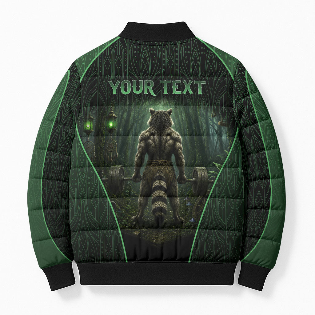 Personalized Muscular Raccoon Weightlifting Bomber Puffer Jacket Pain For Growth Dark Fantasy Gym Graphic