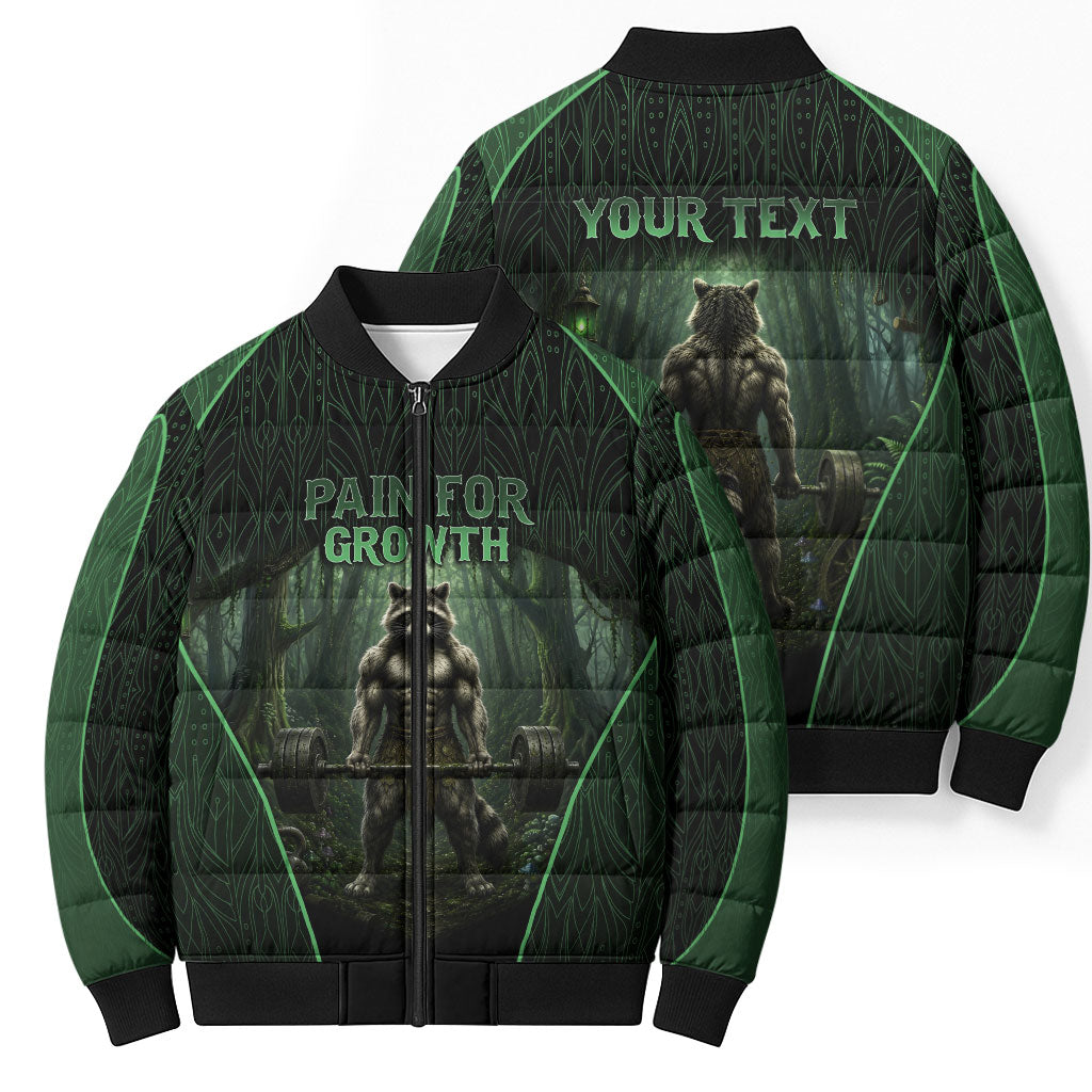 Personalized Muscular Raccoon Weightlifting Bomber Puffer Jacket Pain For Growth Dark Fantasy Gym Graphic