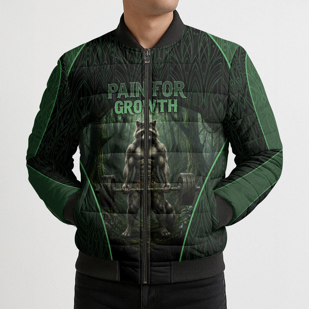 Personalized Muscular Raccoon Weightlifting Bomber Puffer Jacket Pain For Growth Dark Fantasy Gym Graphic