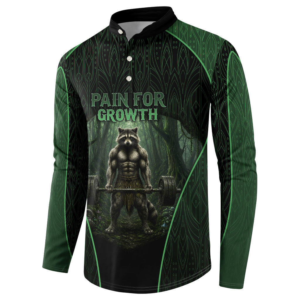 Personalized Muscular Raccoon Weightlifting Button Sweatshirt Pain For Growth Dark Fantasy Gym Graphic