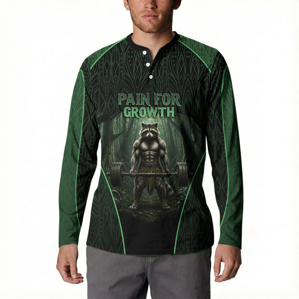 Personalized Muscular Raccoon Weightlifting Button Sweatshirt Pain For Growth Dark Fantasy Gym Graphic