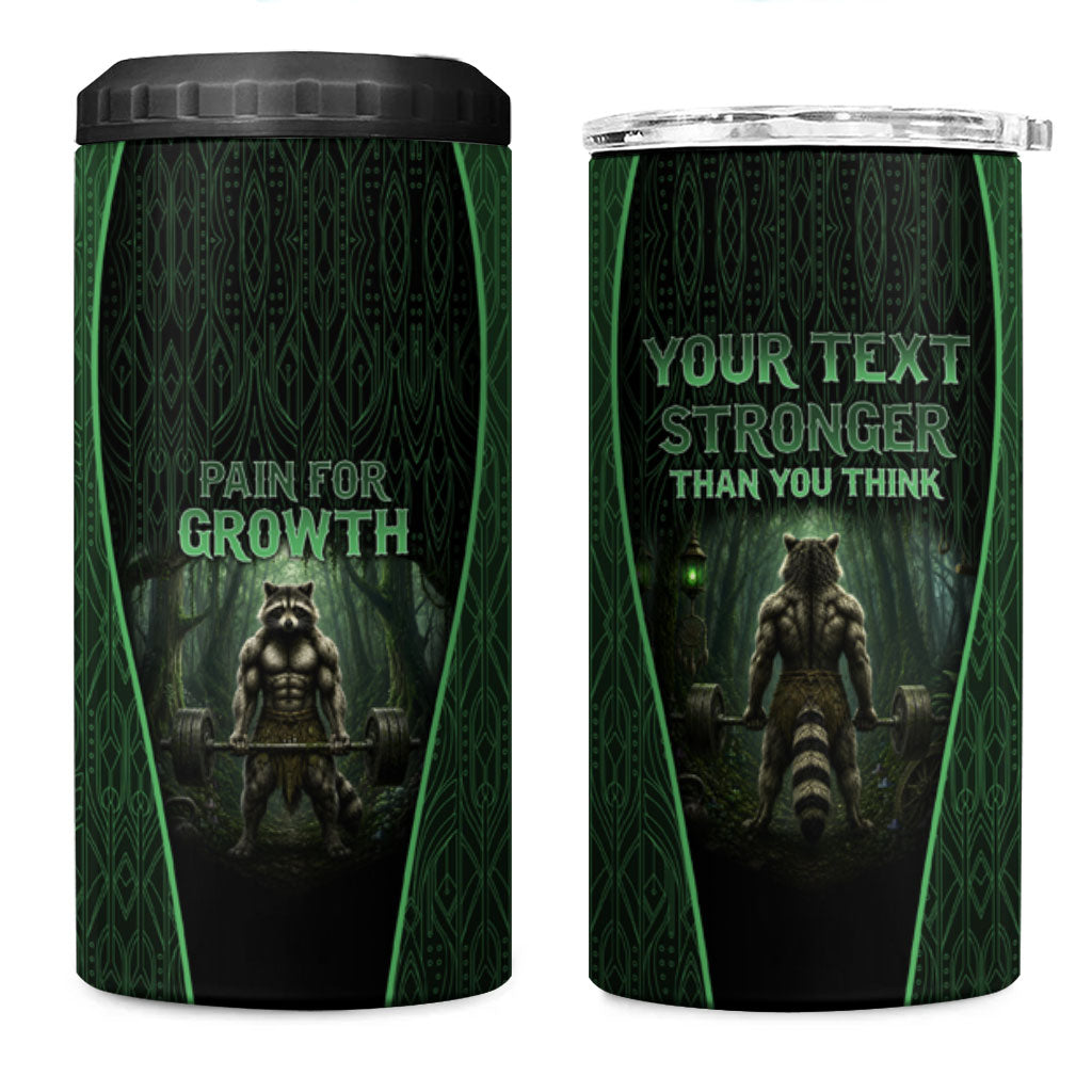 Personalized Muscular Raccoon Weightlifting 4 in 1 Can Cooler Tumbler Pain For Growth Dark Fantasy Gym Graphic