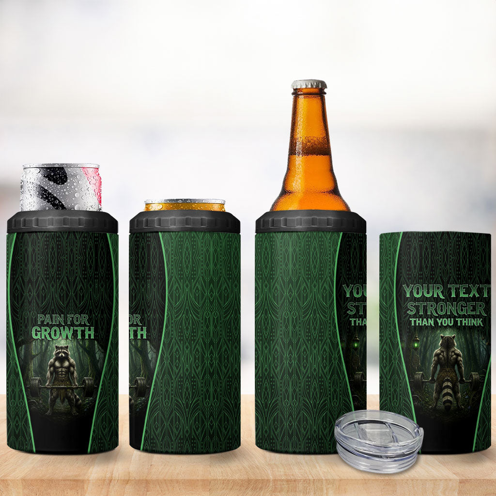 Personalized Muscular Raccoon Weightlifting 4 in 1 Can Cooler Tumbler Pain For Growth Dark Fantasy Gym Graphic
