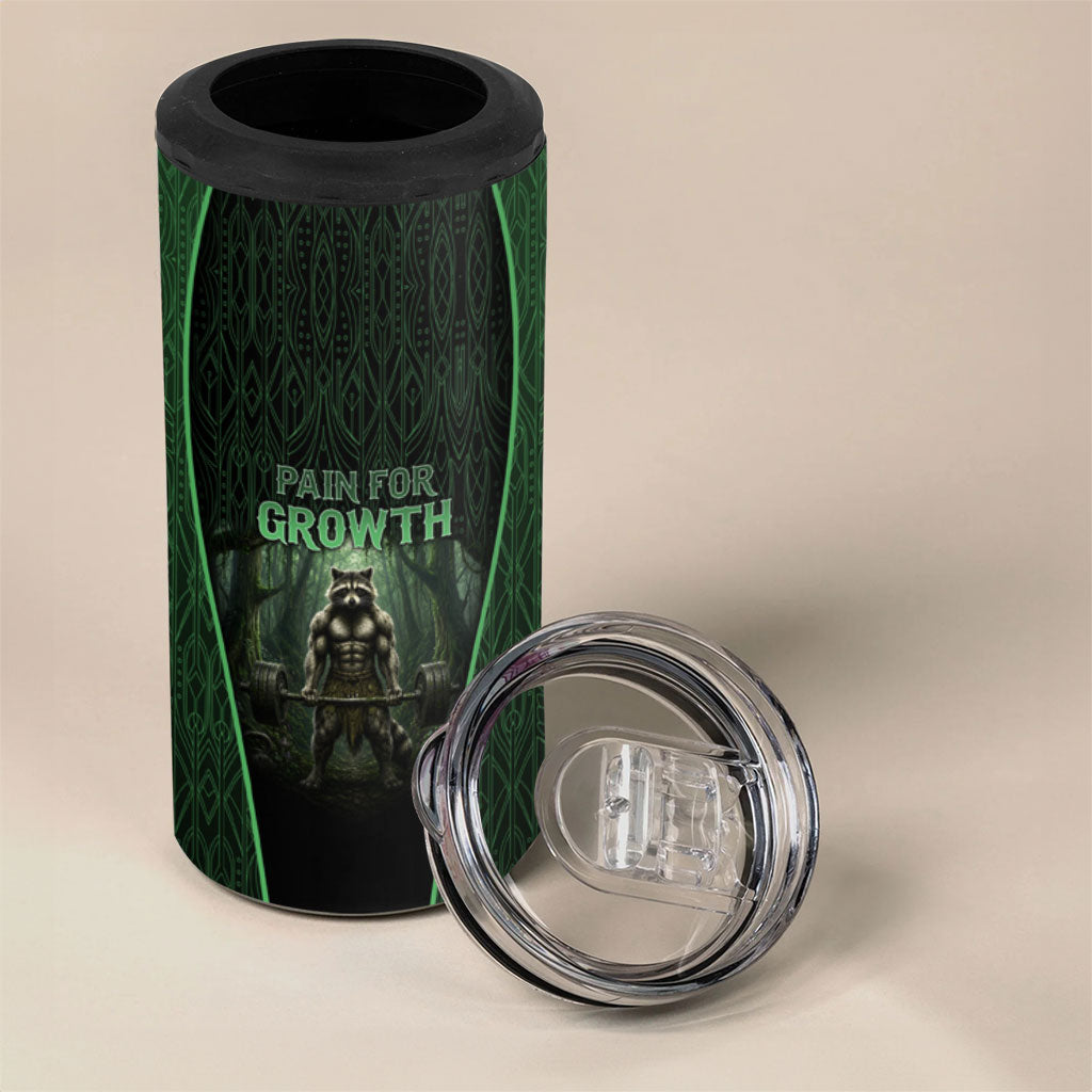 Personalized Muscular Raccoon Weightlifting 4 in 1 Can Cooler Tumbler Pain For Growth Dark Fantasy Gym Graphic