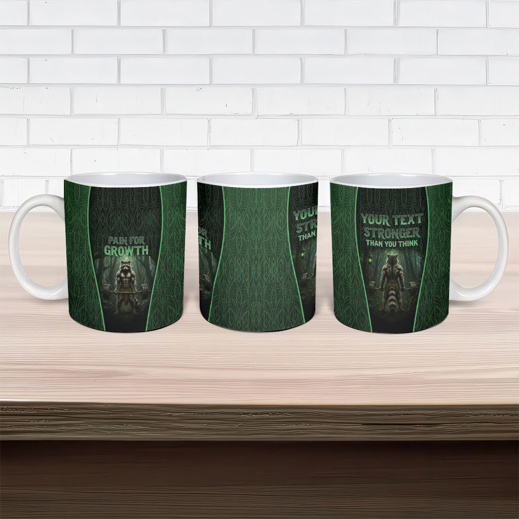 Personalized Muscular Raccoon Weightlifting Ceramic Mug Pain For Growth Dark Fantasy Gym Graphic